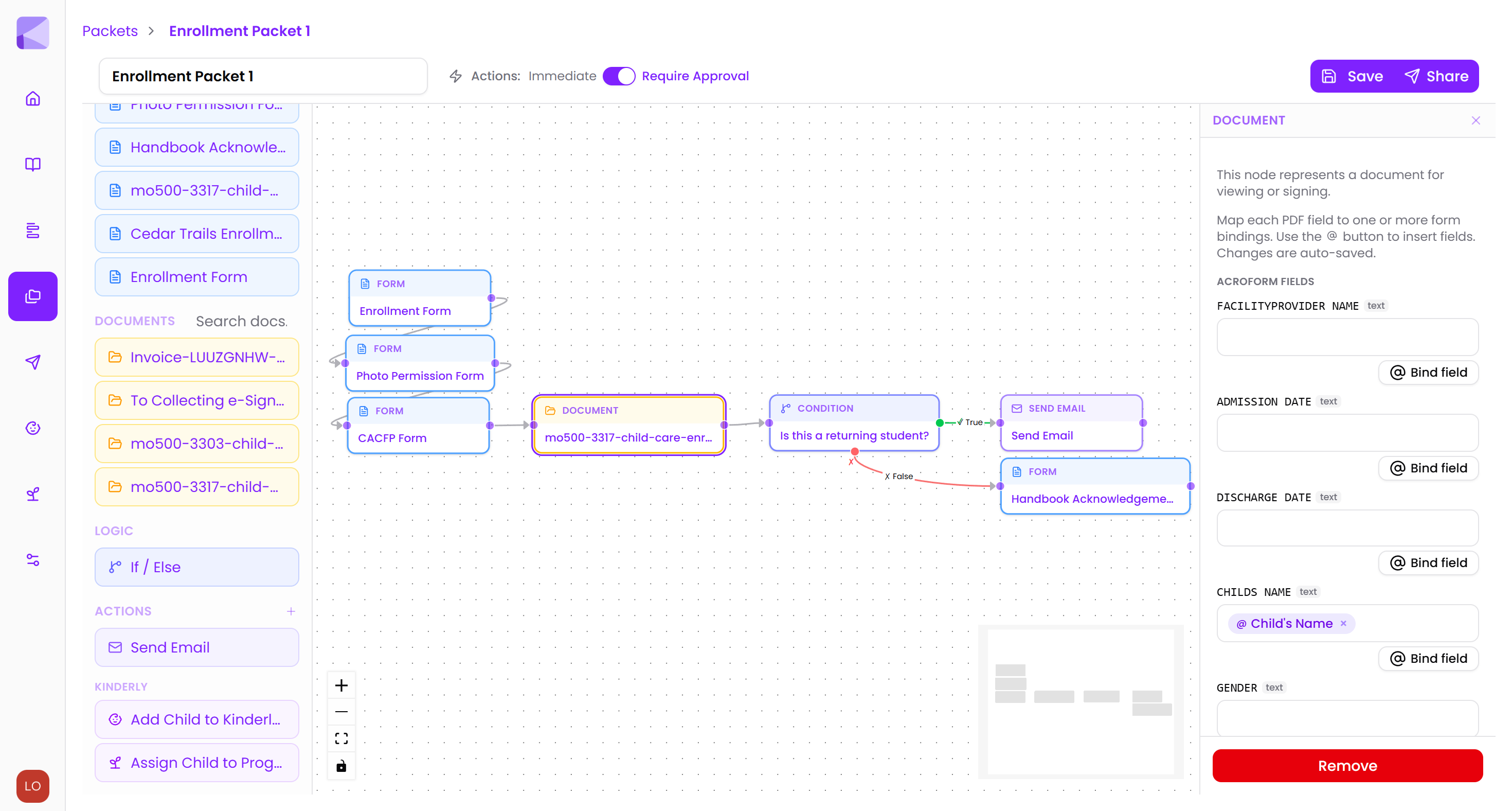Kinderly Enroll packet builder canvas