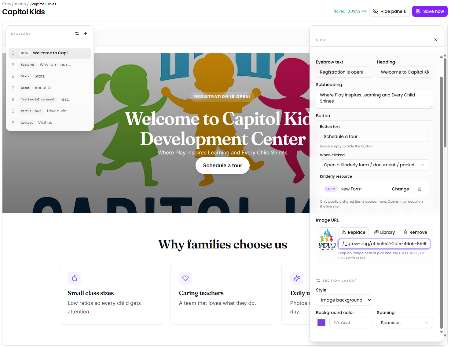 Kinderly website builder view